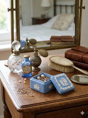 Wedgwood Blue Jasperware Small Square Trinket Box with White Motif